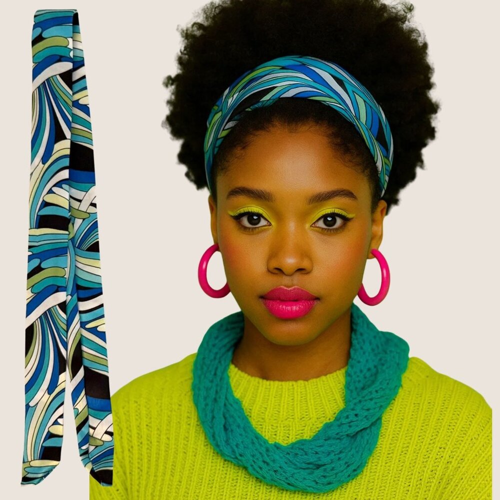 Slim Scarf 34 in Abstract Swirl Print Hair Accessory Blue Green Black White No27